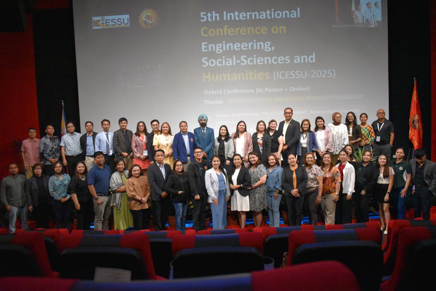 Delegates and organisers on stage at the 5th International Conference on Engineering, Social-Sciences and Humanities (ICESSU-2025), Bulacan State University