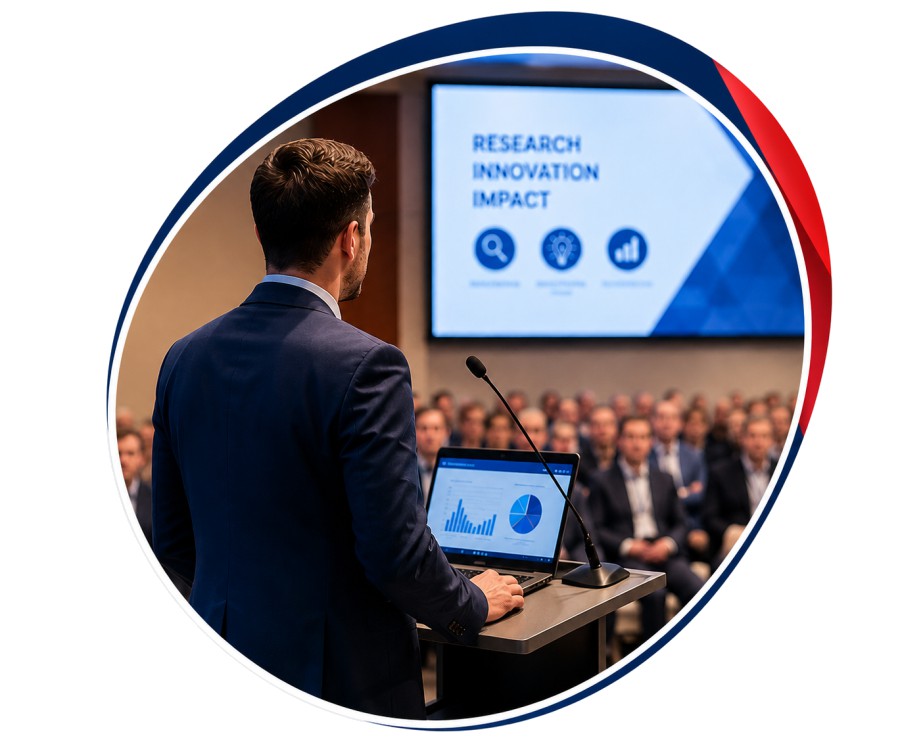 A researcher presenting at a lectern to a seated conference audience, with a slide reading Research, Innovation, Impact on the screen behind