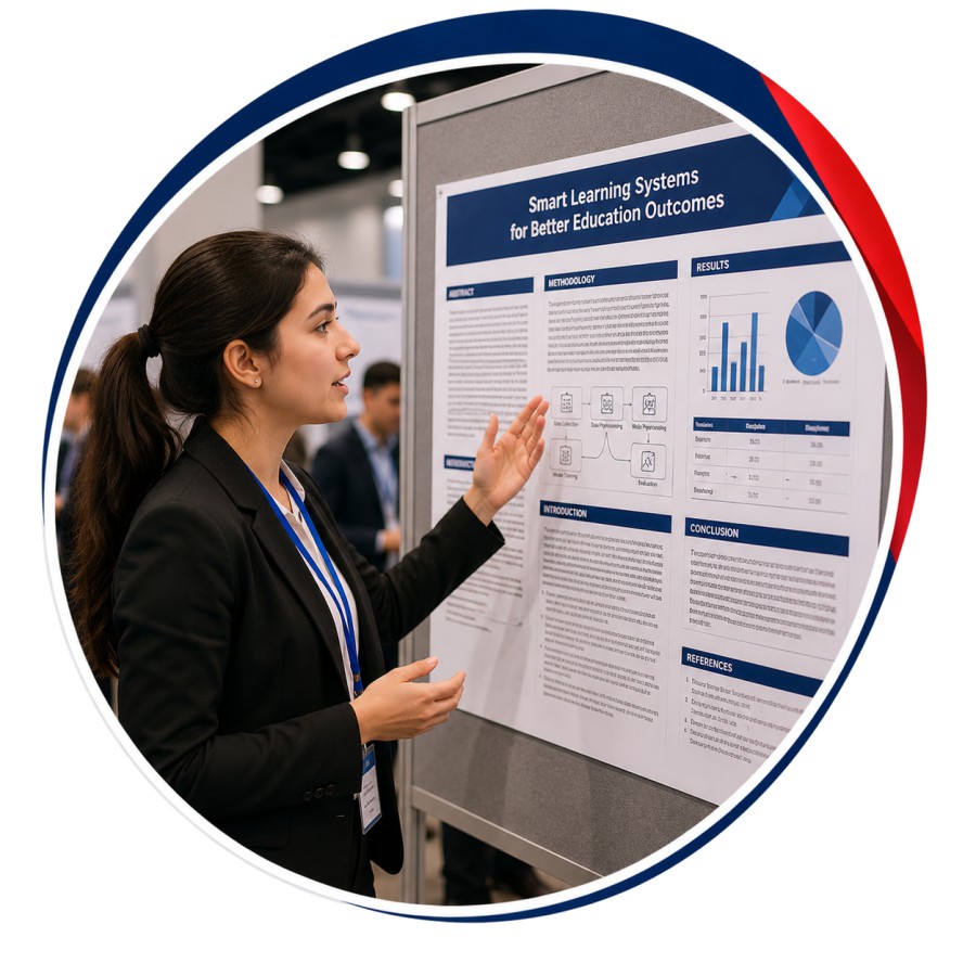 A researcher standing beside her poster board explaining it to attendees at a poster session