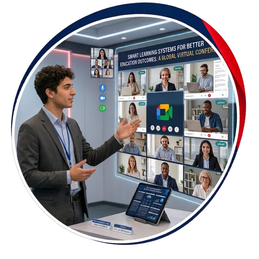 A presenter speaking to a wall of video-call participants during a virtual conference session